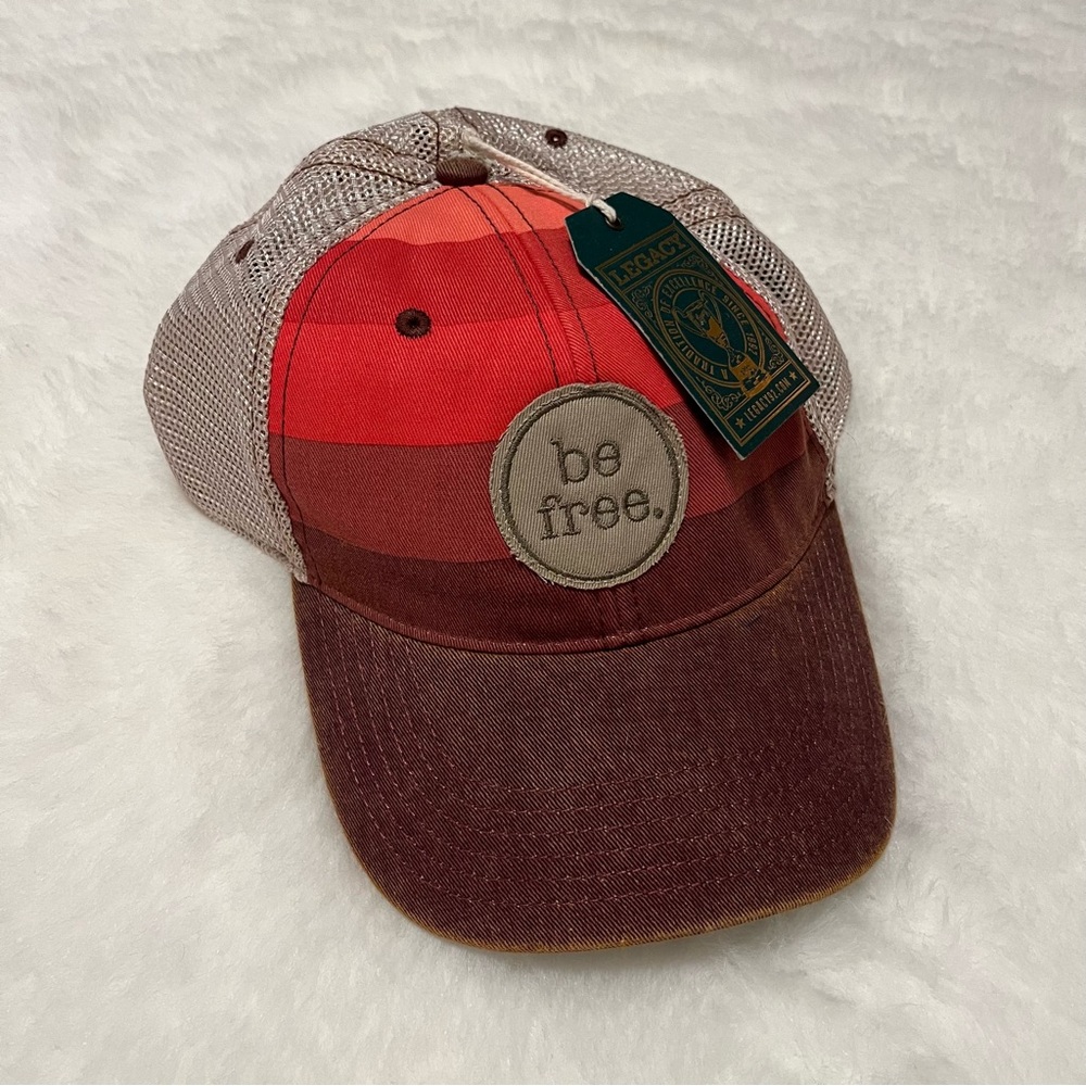 NWT Legacy "be free." red stripe trucker hat, snap back, distressed